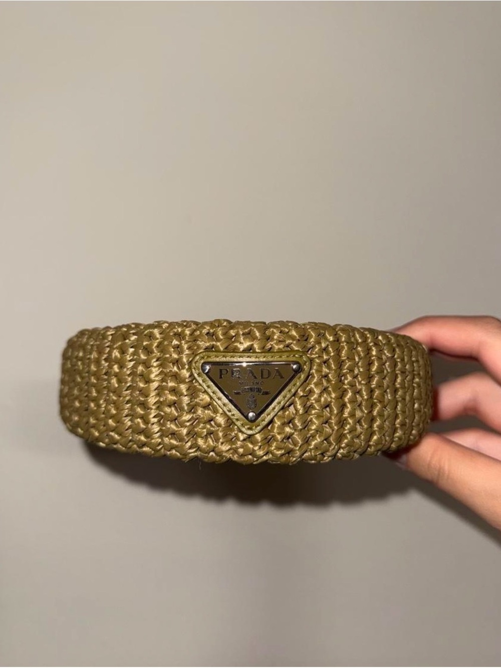 Prada Woven Headband in Olive Gold Raffia